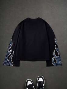 1pc Vintage Distressed Eye Pattern Raglan Long Sleeve Sweatshirt For Teenage Boys, Regular Thickness, Suitable For Spring, Early Autumn & Winter, Multi-Purpose - Black - View 2