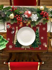 2 piezas Juego de manteles individuales con diseños de árboles de Navidad, copos de nieve y motivos invernales, de 12x18 pulgadas, manteles navideños rojos con árboles de Navidad, manteles de lino rosa y dorado con diseños festivos de Navidad y Año Nuevo para decorar la mesa del hogar, restaurante o cocina en celebraciones familiares y fiestas