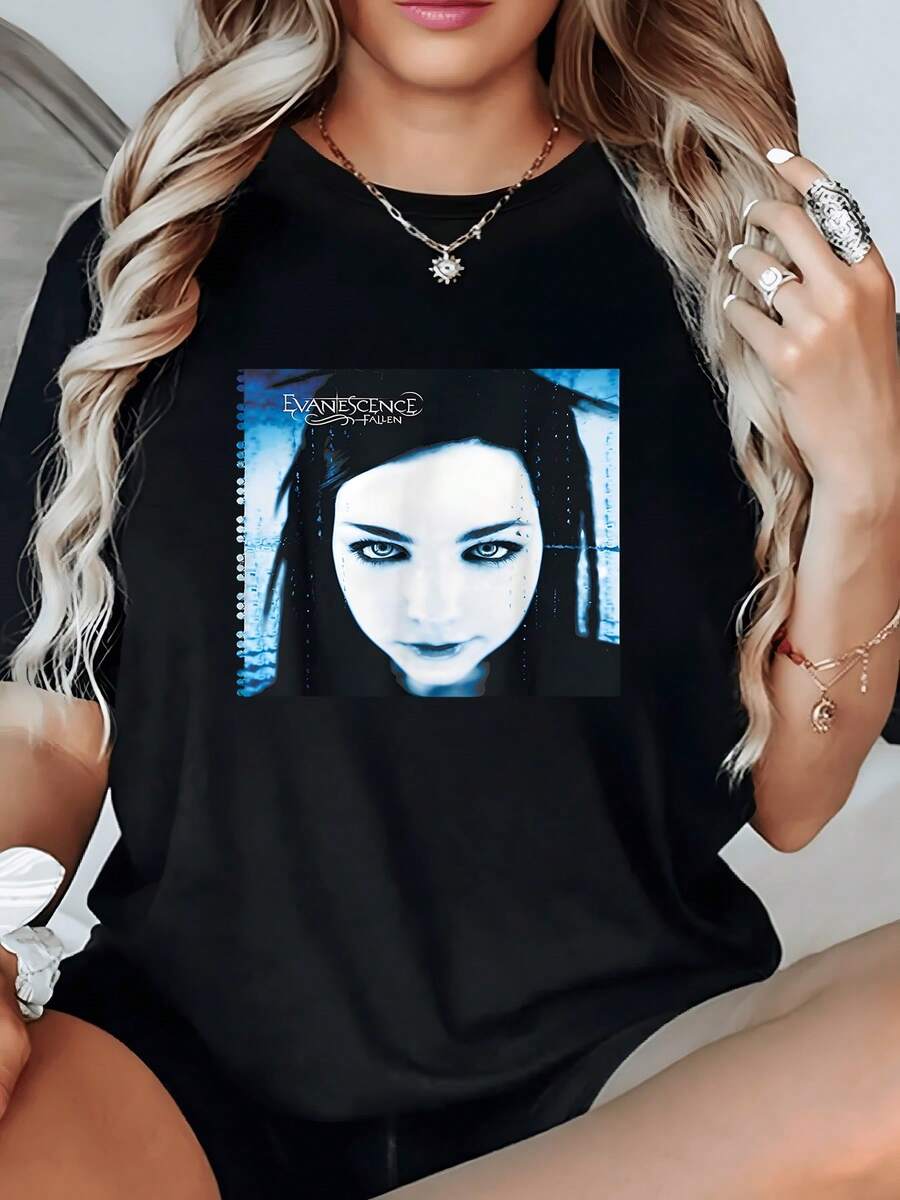 Camiseta Negra Cuello Redondo 1 unidad de Camisa de T 100% algodón para Mujer Evanescence Fallen Amy Banda Música Rock Oficial Camisa de T con Estampado Digital 220 Gramos Estilo Gótico Alternativo Urbano - Negro - Ver 1