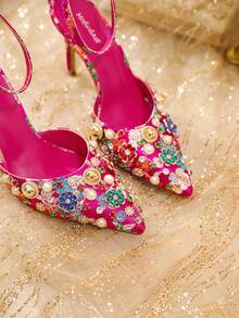 Distinctive Rhinestone Women's Fashion High Heel Shoes, Rose Red Heels Embroidered Ankle Strap Pumps, Personalized Style Stiletto High Heels Sandals Closed Pointed Toe Elegant Prom Dresses Wedding Date Shoes Valentine's Day Gift We Recommend Buying Half A Size Smaller. - 玫紅色 - 查看 9