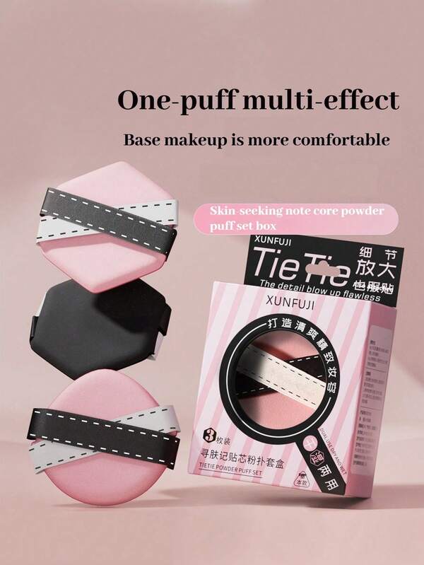 XUNFUJI 3 sztuki puszek w kolorowym pudełku z podwójną wstążką, supermiękki i twardy w dotyku, podkład w płynie Air Cushion Puff, czarny puszek do podwójnego zastosowania na sucho i mokro, przyjazny dla skóry i niepudrowany, wiele specyfikacji materiałów lateksowych, szczegóły dotyczące pęcznienia pod wpływem wody, zestaw puszek – kształt kropli wody + sześciokątny podwójny wzór (dopasowanie koloru pudrowo-czarnego) | Profesjonalna wersja suchych i mokrych narzędzi kosmetycznych do podwójnego zastosowania