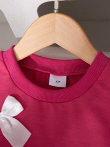 2pcs Girls Casual Outfits, Solid Color Bow Decor Design Regular Fit Crew Neck Long Sleeve Top And Pants Set, Spring/Autumn - Hot Pink - View 3