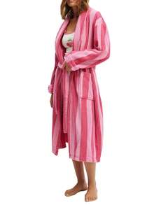Womens Plush Soft Robe Long Sleeve Belted Striped Bathrobe With 2 Pockets For Spa, Pool - 珊瑚紅色 - 查看 5