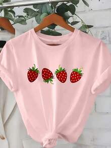 Playera camiseta basica estampada grafica dama mujer manga corta cuello redondo estampado fresa fresas fruto frutas frutal strawberry gym gimnasio ejercicio aesthetic regular casual comoda fresca ligera suave moderna juvenil romantica bohemia salida casa diario dia playa calor primavera verano oficina versatil creativa - Rosa - Ver 1