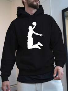 Sudadera con capucha de forro polar con estampado de baloncesto para hombres - Sudadera casual de otoño e invierno, de manga larga, con bolsillo canguro - Negro - Ver 10