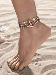 Set de 3 piezas de pulseras de verano con estilo de playa, con estrella de mar y concha de metal y cuentas de vidrio para mujeres - Multicolor - Ver 9