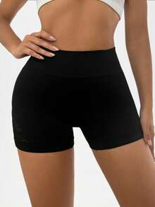 SHEIN Sports Hollow Out Wideband Waist Sports ShortsWomen Sweat Short, Gym Short, Biker Short - Black - View 4