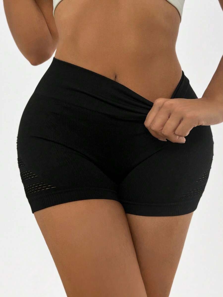 SHEIN Sports Hollow Out Wideband Waist Sports ShortsWomen Sweat Short, Gym Short, Biker Short - Black - View 1