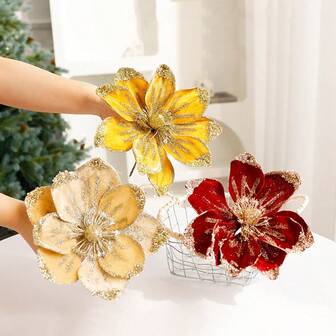 1 件，带茎人造圣诞花，闪闪发光的人造花，适合圣诞节、婚礼和节日装饰，逼真的织物树装饰，人造花，适合家居装饰、圣诞装饰、节日餐桌中心装饰、派对圣诞花橱窗展示