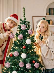 9pcs Christmas Ball Decorations, Pink Feather Pearl Snowflake Christmas Balls, Exquisite Christmas Decoration Sets, Christmas Decorations, Christmas Tree Decorations, Christmas Decorations For 2026, Christmas, Birthdays, Valentine's Day, Easter, Holidays, Wedding Parties, Home And Office Wall Decorations - Perfect Christmas Tree Decorations To Create A Festive Atmosphere - Pink - View 5