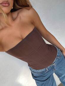 Women Y2k Strapless Bustier Corset Back Zip Mesh Boned Bodyshaper Tube Top Going Out Club Party Bustier Tops - 棕色 - 查看 5