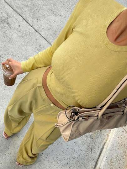 Autumn Casual Basic Style Simple Workwear Ribbed Knit Top T-Shirt + Wide-Leg Pants Straight Women's Two Pieces Suit