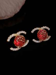 1 Pair Minimalist 925 Sterling Silver Micro-Inlaid Zirconia Round Red Double C Letter Stud Earrings, Versatile Daily Wear Jewelry For Women, Suitable As Party Or Valentine's Day Gift