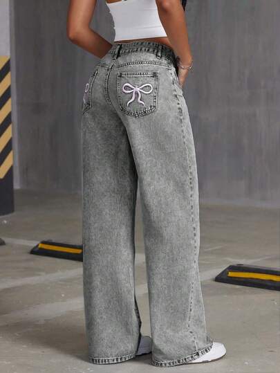 Teen Girl's Loose Fit Bow Print Denim Wide-Leg Pants