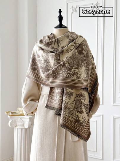 1pc Women Reversible Faux Cashmere Floral Jacquard Warm Scarf Shawl, Suitable For Daily Wear, Autumn/Winter For Dress