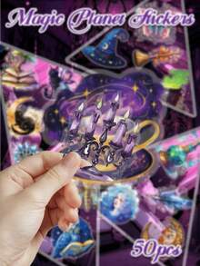 50pcs Purple Magic Planet Stickers PET Material Cartoon Fantasy Designs Perfect For Decorating Scrapbooks, Water Bottles, Skateboards, Guitars Party Art & Craft Decorative Stickers