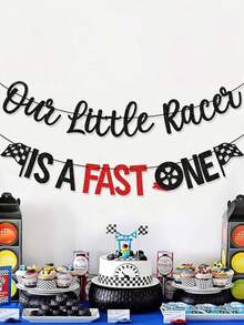 1 pieza "Nuestro pequeño piloto es muy rápido" Decoración de pancarta de cumpleaños número 1 con tema de carreras en negro y rojo - Negro y rojo - Ver 1