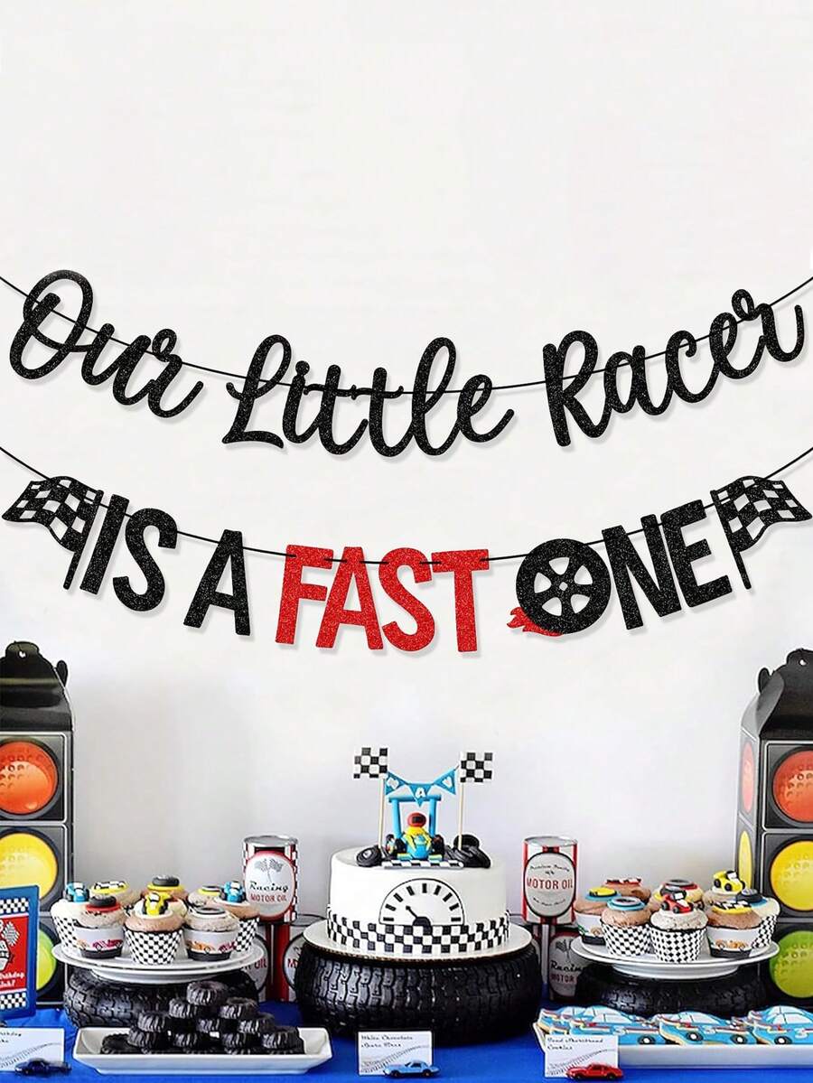 1 pieza "Nuestro pequeño piloto es muy rápido" Decoración de pancarta de cumpleaños número 1 con tema de carreras en negro y rojo - Negro y rojo - Ver 1