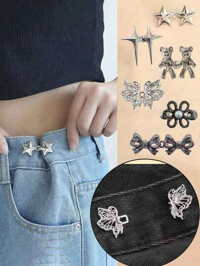 4 Sets Star Shaped Detachable Waistband Button Buckle, Adjustable Waist Clip For Jeans Skirts Pants Street,4 Pairs Butterfly Adjustable Tightener Waist Buckle For Jeans No Sewing Metal Button Adjuster For Skirts Accessories, Star Shape Adjustable Waist Buckle For Jeans Clothing Accessory, Pant Waist Tightener, Adjustable Pins For Loose Jeans, Reusable Waist Adjuster For Pants Women