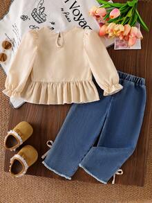 2 件套女婴时尚甜美服装，饰有装饰性蝴蝶结，条纹长袖休闲衬衫上衣和蝴蝶结装饰磨损腰部松紧腰牛仔裤套装