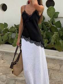 Women Satin Lace Trim Cami Tops Silk V Neck Spaghetti Strap Tank Top Y2k Backless Asymmetrical Loose Going Out Camisoles Shirts Streetwear - màu đen - Xem 9