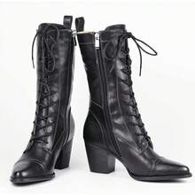 Women's Mid Calf Lace Up Combat Boots With Side Zipper Winter Boots Faux - màu xanh lá - Xem 7