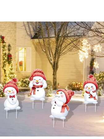 4pcs Plastic Christmas Garden Decorative , Outdoor Christmas Holiday Outdoor Decorations - Snowman Yard Signs With Stakes, Garden, Lawn, Entryway Display, Festive New Year -Mounted Ornaments