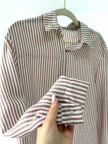 Linen Button Down Shirt Beach Cover Up Long Sleeve Striped Striped Polyester Button Holiday Daily Travel Summer - Mocha Brown - View 3