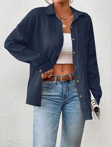 2026 Must-Have For The New Year Women's Elegant Shirt - Solid Color Long Sleeve Top With Button Front Collar, Machine Washable, Perfect For Fall/Spring Casual And Semi-Formal Looks, Structured Cut For Layering, Warm And Stylish Casual Wear, Chic And Versatile Women's Fashion Shirt, Women's Shirts, Long Sleeve Shirts And Tops, High Quality Women's Shirts, Women's Tops - 藍色 - 查看 4