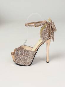 Un par de sandalias de mujer de moda con tacones altos de 14 cm, plataforma impermeable de 5 cm, tela brillante, decoración con lazo, adecuado para discoteca, fiesta, boda, boda elegante al estilo occidental, con detalles de metal y brillo, tacón súper alto, plataforma impermeable, adecuado para fiesta, vacaciones, oficina, boda, primavera y otoño