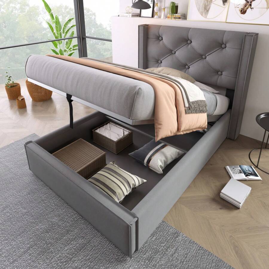Hydraulic Single Upholstered Bed 90x200cm, Bed With Slatted Metal Frame, Modern Bed Frame With Storage Space, Cotton, Grey