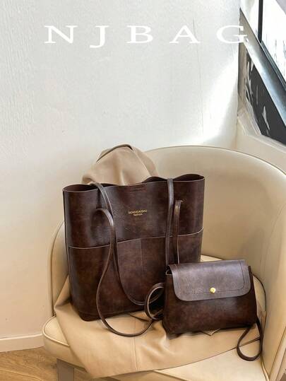 2pcs Set: Large Capacity Mother & Daughter Tote Bag, Casual Minimalist Shoulder Bag, Fashion Versatile Commuting, Shopping, School, Dating Tote Handbag For Women