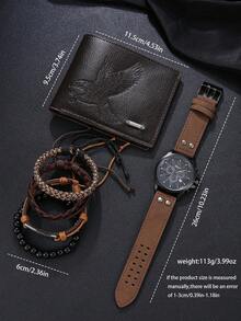 6 件套：男士简约钱包 + 商务休闲手表 + 串珠手链，父亲节、生日、周年纪念的完美礼物 - 棕色套裝 - 查看 4