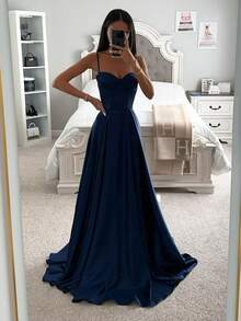 优雅正式舞会礼服，收腰派对礼服，浪漫性感露背系带挂脖女士派对礼服，适合婚礼、晚宴、情人节等场合。 - 藏蓝色 - 查看 5