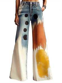 Women's High Waist Tie Dye & Polka Dot Wide Leg Jeans - Vintage Artistic Pants, Boho Y2K Style For Festival & Rave Outfits, 4th Of July. - 花色 - 查看 2