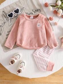 2pcs Baby Girls Cute Embroidered Rabbit Top Paired With Striped Jogger Pants, Fashionable Casual Outfit, Autumn/Winter - وردي فاتح - مشاهدة 1