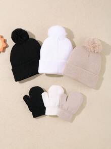 3 Pieces Set Consisting Of Knitted Hats And Gloves In Black, White And Beige Color Schemes. It Is A Warm-Keeping Set For Autumn And Winter, Suitable For Babies Aged 0 To 3 Years Old.