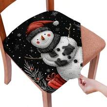 1/4/6/40 pièces Housse de chaise amovible et extensible en fibre de lait avec imprimé bonhomme de neige de Noël, avec chapeau de Père Noël, écharpe, gants, flocons de neige, branches de pin, motifs de boîte-cadeau rouge. Convient pour la salle à manger, la cuisine, le restaurant, l'hôtel. Coussin de siège amovible et doux.