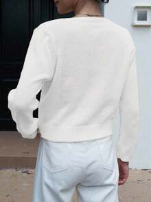 女士简约纯色圆领纽扣长袖针织开衫毛衣，新年款 - 白色 - 查看 4