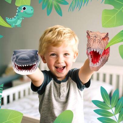 2Pcs Dinosaur Hand Puppets Realistic Latex Soft Animal Head Toys Set, Hand Puppet Toys Gift For Kids, Party Show Imaginative Play, Scared Head Hand Puppets For Home, Stage And Class Role Play Toys
