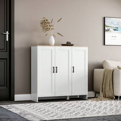 HOMCOM Modern Buffet Cabinet With Storage, 35" Narrow Sideboard, Kitchen Storage Cabinet With 3 Shaker Doors And Adjustable Shelves, White