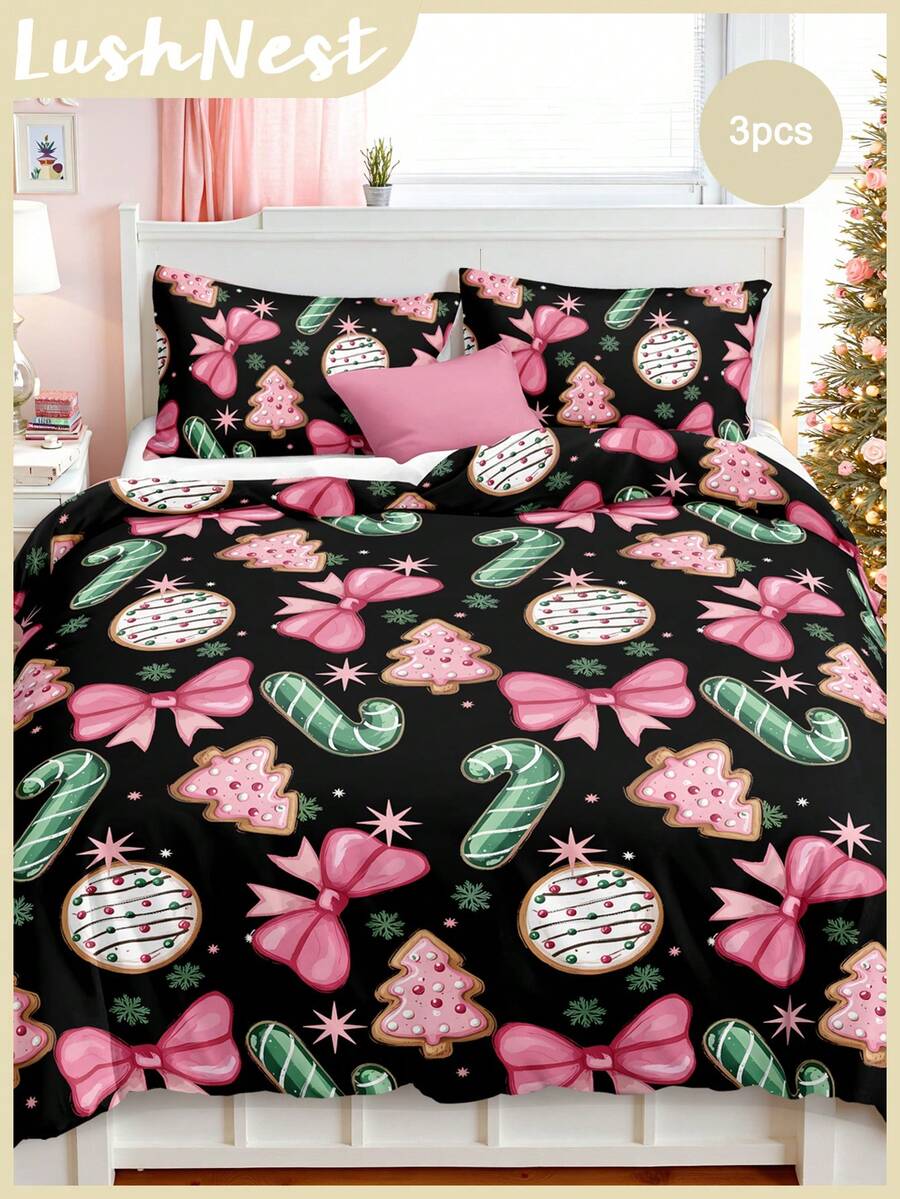 3pcs Hand-Painted Black Background Pink Bow Christmas Tree Digital Print Duvet Set (1 Piece Duvet Cover 2 Pieces Pillowcase Without Core) Polyester Fiber Super Soft Skin-Friendly Bedding Set Christmas Decorations Suitable For Various Bed Sizes Ideal For Gifting - Multicolor - View 1