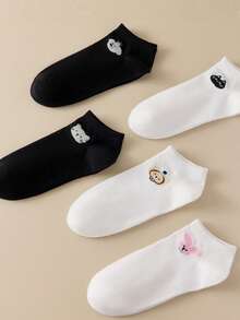 5/10 Pairs Women Cartoon Animal Footie Socks, Low Cut No Show Socks, Durable & Comfortable, Black & White, Suitable For Students & Street Fashion