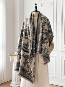 1件女士双面仿羊绒花卉提花保暖围巾披肩，适合日常佩戴，秋冬季搭配连衣裙 - 灰色 - 查看 6