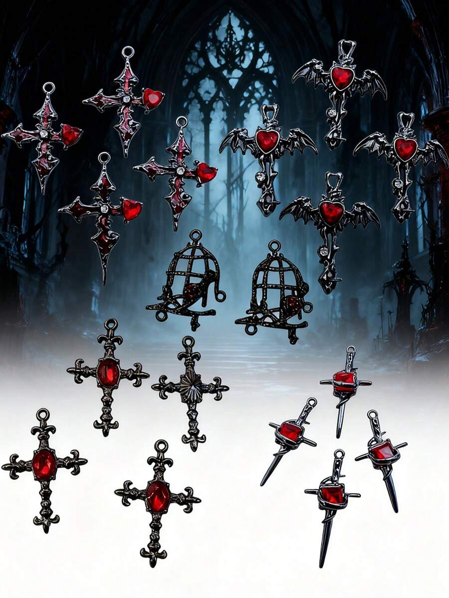 5 peças/10 peças Pingentes Aleatórios de Cruz Gótica, Morcego, Coração em Forma de Diamante, Acessórios de Joalheria Artesanal DIY, Amuletos, Encantos, Colar, Brincos, Bolsa, Chaveiro, Decoração de Pulseira - Multicolorido - Visão 1