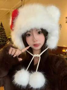 Sanrio 1pc Cute Cartoon Hello Kitty Bow Knitted Beanie Hat, Thermal Lined Thick Warm Ear Protection, Suitable For Winter - Multicolor - View 6