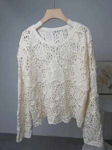 Novo suéter de crochê feminino, manga comprida, decote profundo, blusa solta e versátil, casual