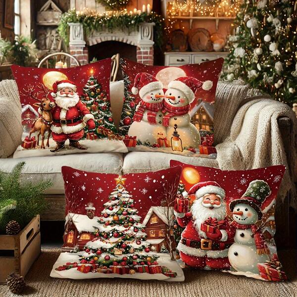 Christmas Pillowcase Set With Santa Claus, Snowman And Christmas Tree Patterns, No Pillow Insert Christmas Decorations Christmas Decoration Christmas Decorations Home Room Decor Home Decor
