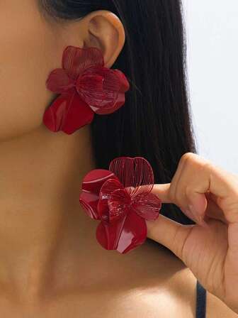 1 Pair Fashionable & Elegant Metal Textured Flower Pendant Earrings, Suitable For Women's Daily And Party Outfits