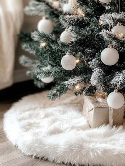1pc-Fluffy Christmas Tree Skirt, White Plush Skirt, Merry Christmas Party, Christmas Tree Decoration New Year Christmas Tree Decoration,(Some Parts May Be Random), Holiday Necessities, Autumn, Thanksgiving, Christmas, Carnival, National Day, Autumn, Independence Day,(Random Style Shipped) Home Decor Christmas Decorations Room Decor Winter